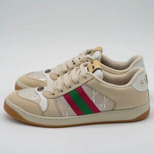 Gucci Screener Web Beige Silver Sneakers Nubuck Size 42